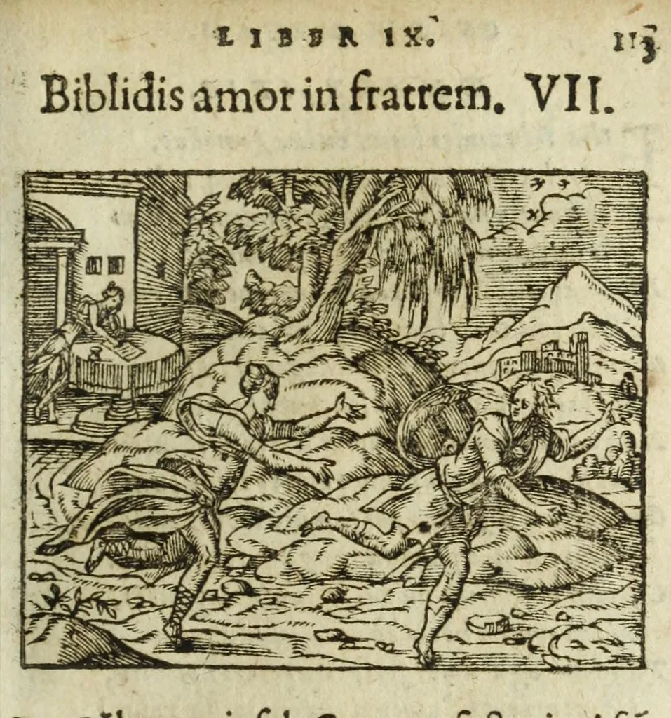 An illustration from Metamorphoses Ovidii : argvmentis quidem soluta oratione, enarrationibus autem & allegoriis elegiaco versu accuratissimè expositae, summaq[ue] diligentia ac studio illustratae, 1583, leaf 245