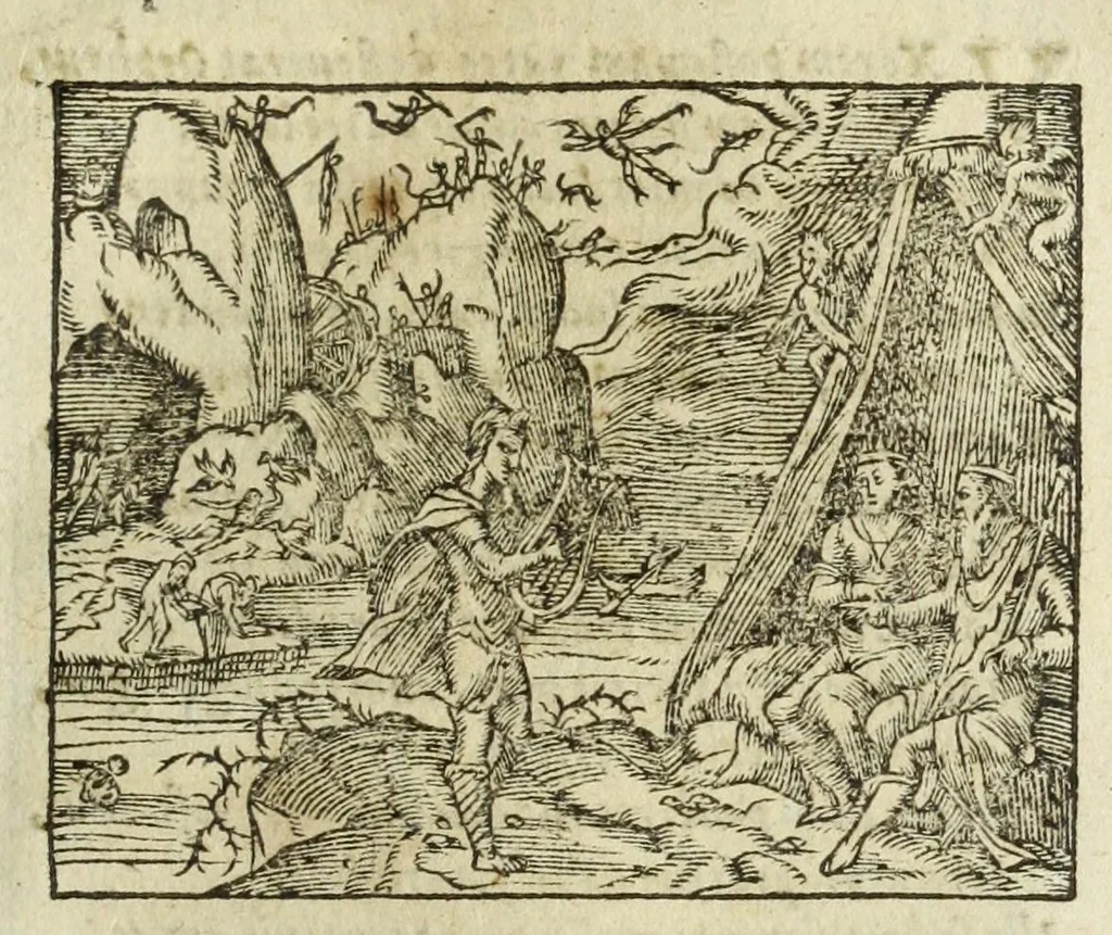 An illustration from Metamorphoses Ovidii : argvmentis quidem soluta oratione, enarrationibus autem & allegoriis elegiaco versu accuratissimè expositae, summaq[ue] diligentia ac studio illustratae, 1583, leaf 255