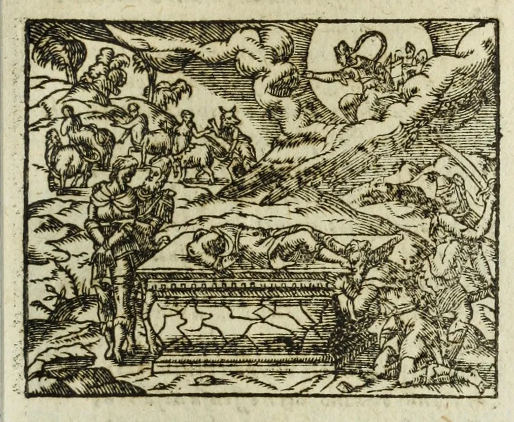An illustration from Metamorphoses Ovidii : argvmentis quidem soluta oratione, enarrationibus autem & allegoriis elegiaco versu accuratissimè expositae, summaq[ue] diligentia ac studio illustratae, 1583, leaf 265