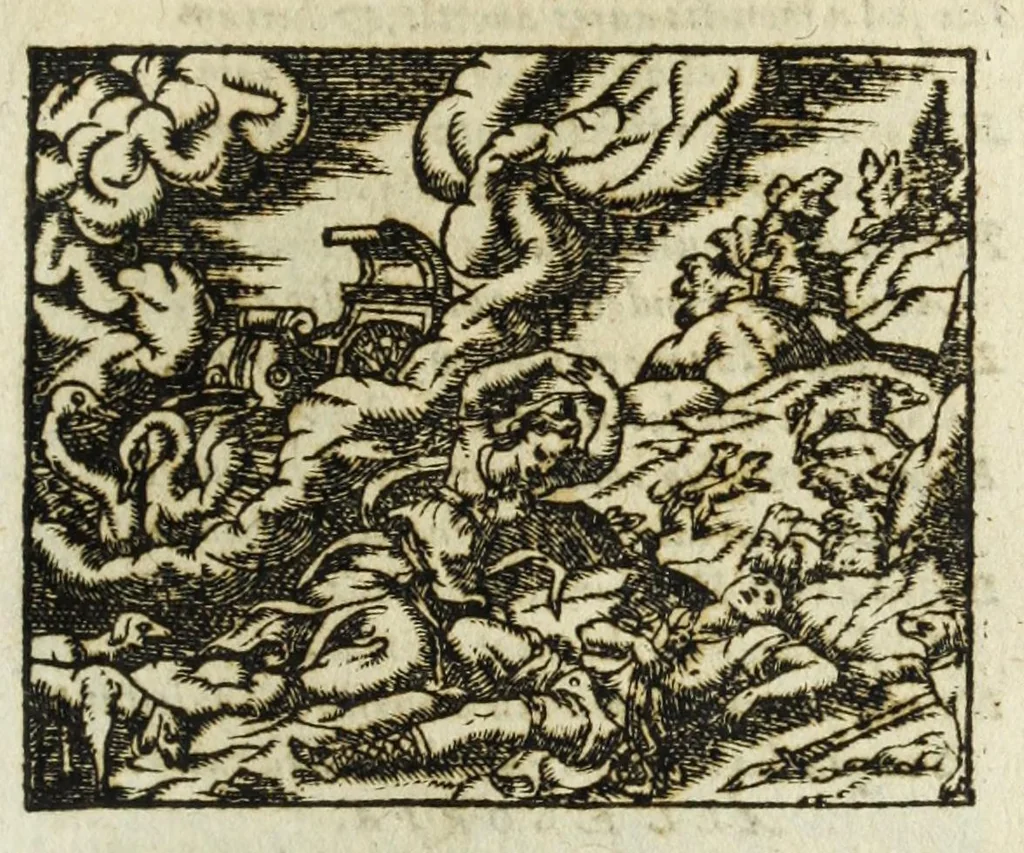 An illustration from Metamorphoses Ovidii : argvmentis quidem soluta oratione, enarrationibus autem & allegoriis elegiaco versu accuratissimè expositae, summaq[ue] diligentia ac studio illustratae, 1583, leaf 283