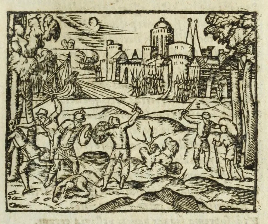 An illustration from Metamorphoses Ovidii : argvmentis quidem soluta oratione, enarrationibus autem & allegoriis elegiaco versu accuratissimè expositae, summaq[ue] diligentia ac studio illustratae, 1583, leaf 29