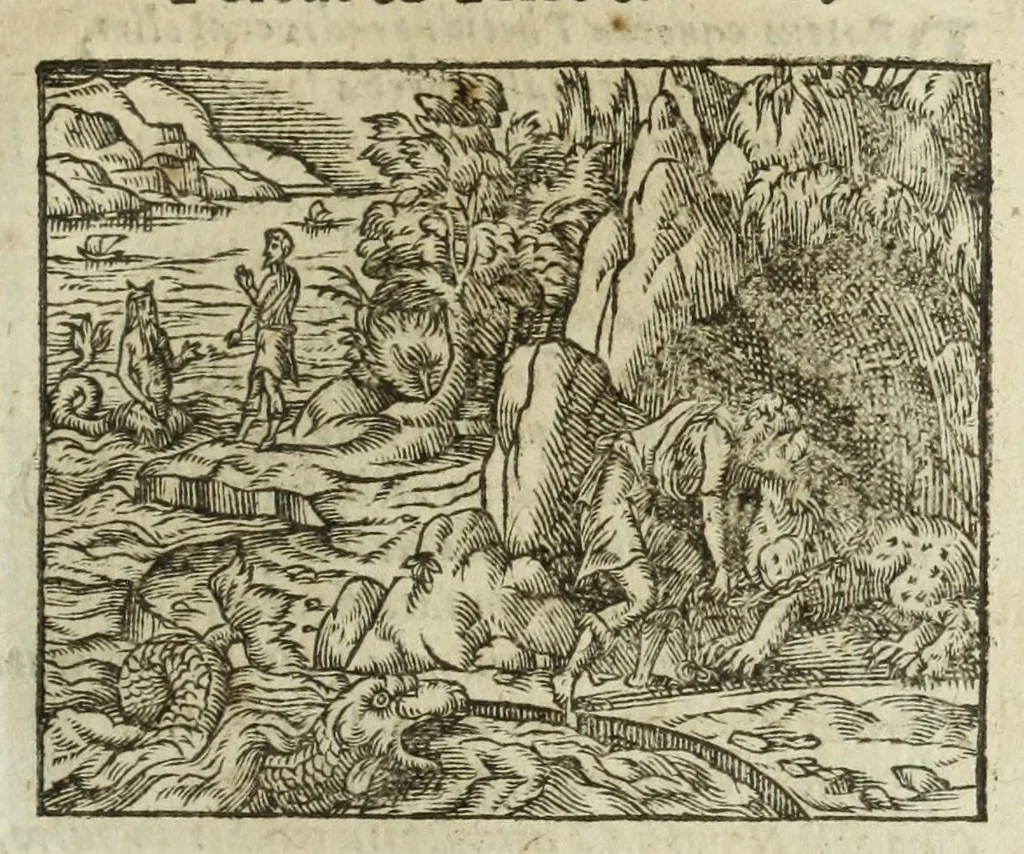 An illustration from Metamorphoses Ovidii : argvmentis quidem soluta oratione, enarrationibus autem & allegoriis elegiaco versu accuratissimè expositae, summaq[ue] diligentia ac studio illustratae, 1583, leaf 295