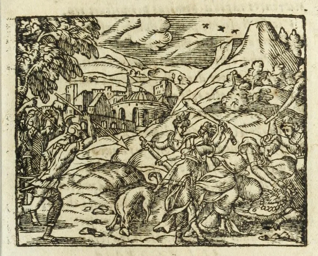 An illustration from Metamorphoses Ovidii : argvmentis quidem soluta oratione, enarrationibus autem & allegoriis elegiaco versu accuratissimè expositae, summaq[ue] diligentia ac studio illustratae, 1583, leaf 335