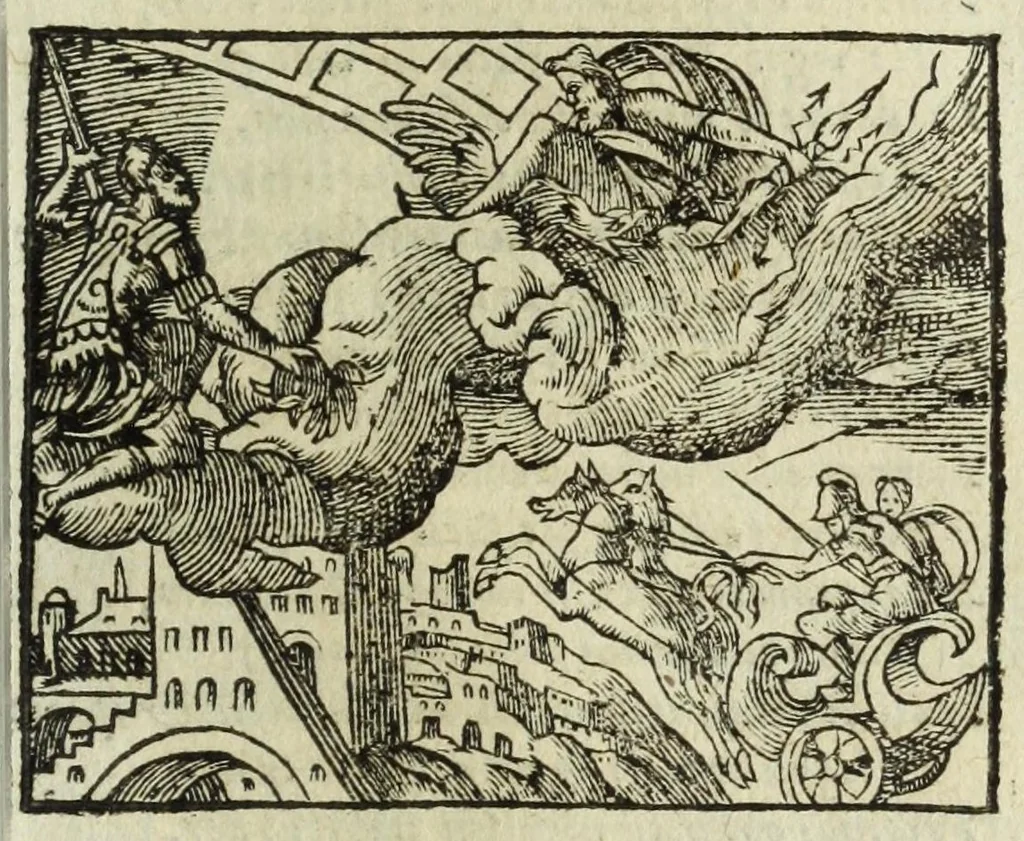 An illustration from Metamorphoses Ovidii : argvmentis quidem soluta oratione, enarrationibus autem & allegoriis elegiaco versu accuratissimè expositae, summaq[ue] diligentia ac studio illustratae, 1583, leaf 365