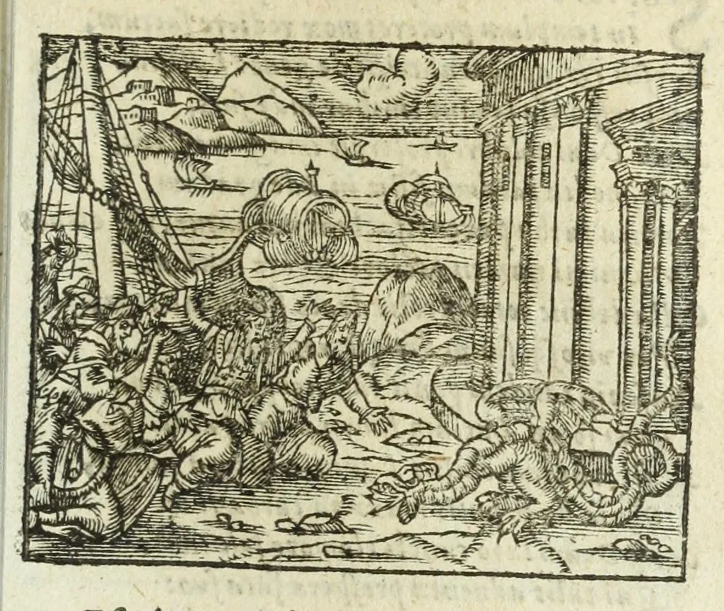 An illustration from Metamorphoses Ovidii : argvmentis quidem soluta oratione, enarrationibus autem & allegoriis elegiaco versu accuratissimè expositae, summaq[ue] diligentia ac studio illustratae, 1583, leaf 375