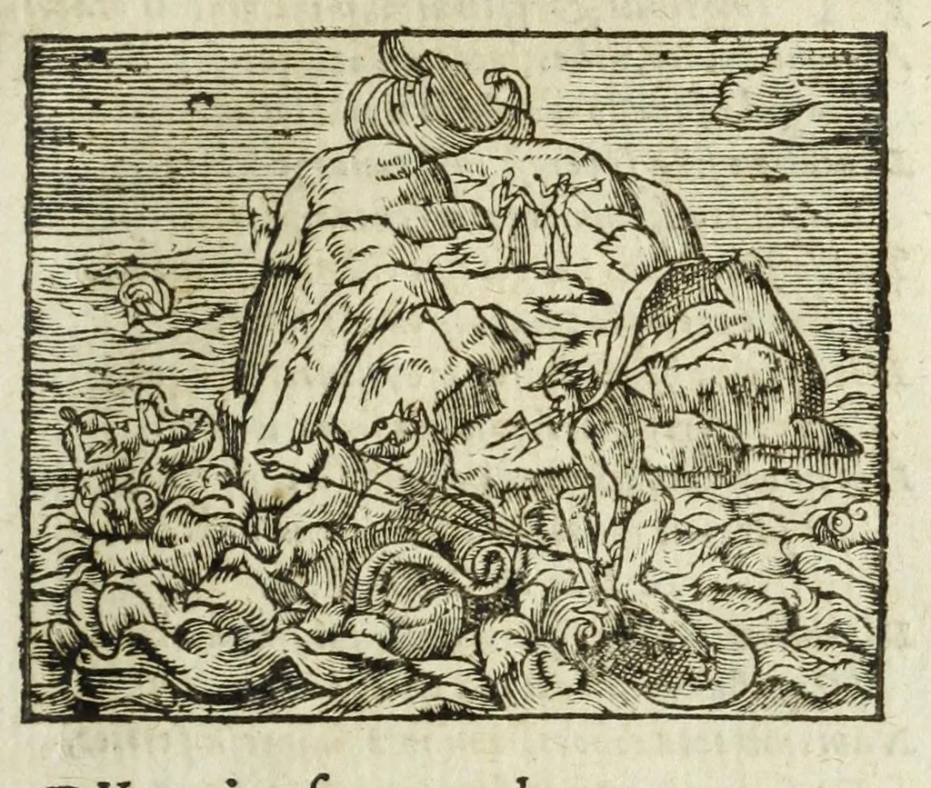 An illustration from Metamorphoses Ovidii : argvmentis quidem soluta oratione, enarrationibus autem & allegoriis elegiaco versu accuratissimè expositae, summaq[ue] diligentia ac studio illustratae, 1583, leaf 39