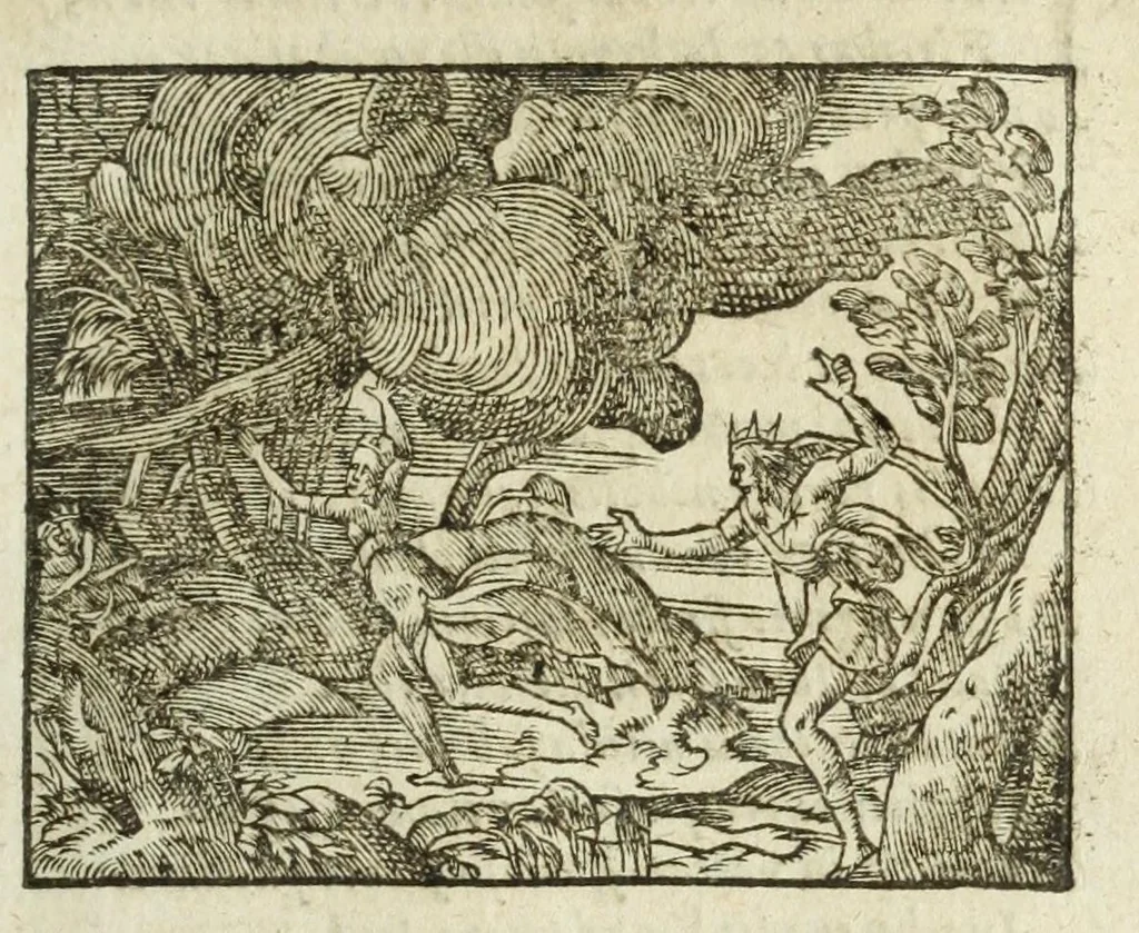 An illustration from Metamorphoses Ovidii : argvmentis quidem soluta oratione, enarrationibus autem & allegoriis elegiaco versu accuratissimè expositae, summaq[ue] diligentia ac studio illustratae, 1583, leaf 49