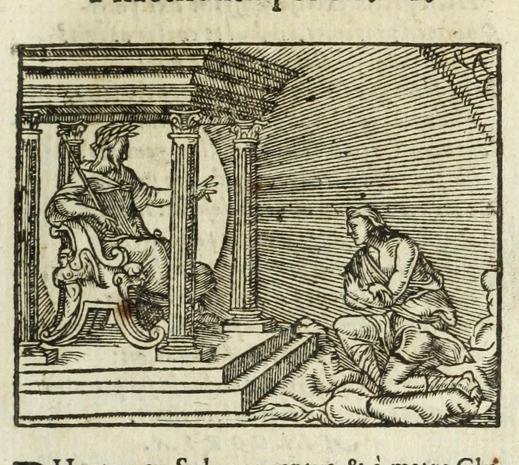 An illustration from Metamorphoses Ovidii : argvmentis quidem soluta oratione, enarrationibus autem & allegoriis elegiaco versu accuratissimè expositae, summaq[ue] diligentia ac studio illustratae, 1583, leaf 59