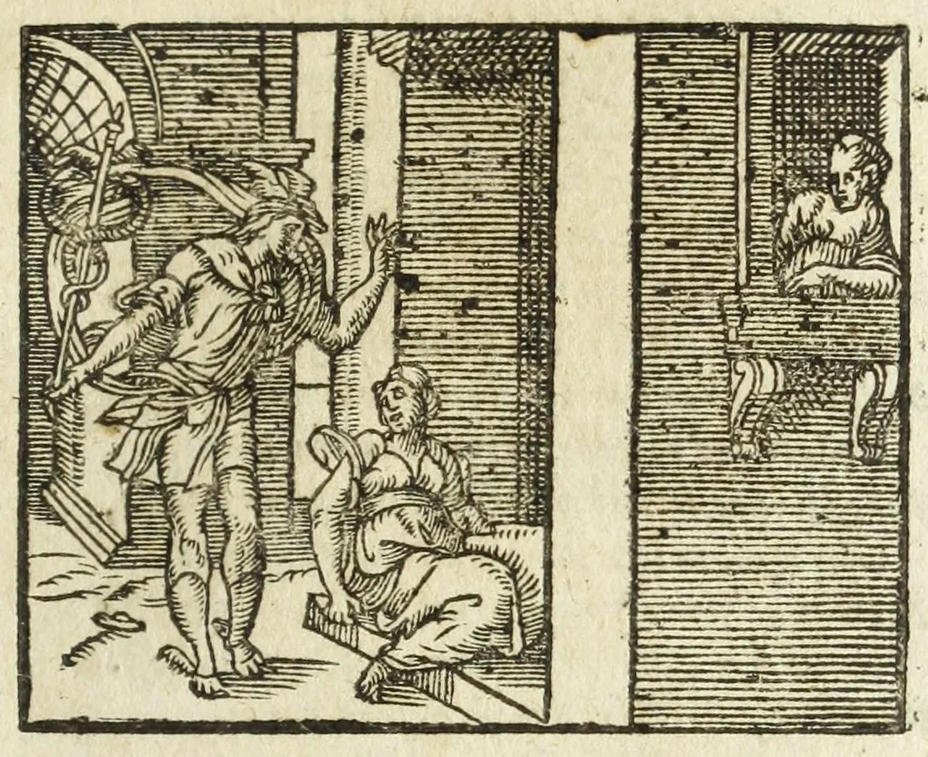 An illustration from Metamorphoses Ovidii : argvmentis quidem soluta oratione, enarrationibus autem & allegoriis elegiaco versu accuratissimè expositae, summaq[ue] diligentia ac studio illustratae, 1583, leaf 89