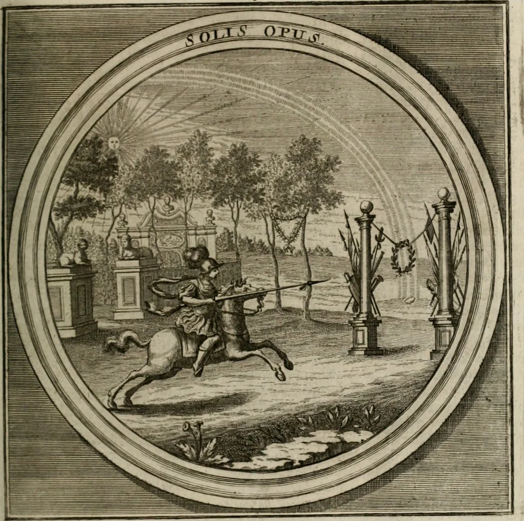 An illustration from Meteorologia philosophico-politica : in duodecim dissertationes per quæstiones meteorologicas et conclusiones politicas divisa, appositisque symbolis illustrata ..., 1709, leaf 104