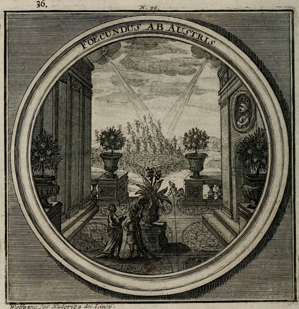 An illustration from Meteorologia philosophico-politica : in duodecim dissertationes per quæstiones meteorologicas et conclusiones politicas divisa, appositisque symbolis illustrata ..., 1709, leaf 129