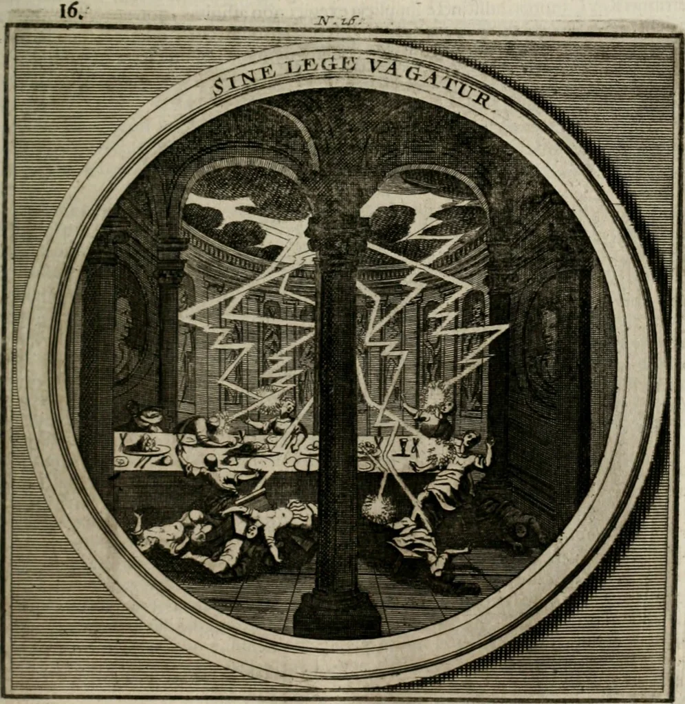 An illustration from Meteorologia philosophico-politica : in duodecim dissertationes per quæstiones meteorologicas et conclusiones politicas divisa, appositisque symbolis illustrata ..., 1709, leaf 56