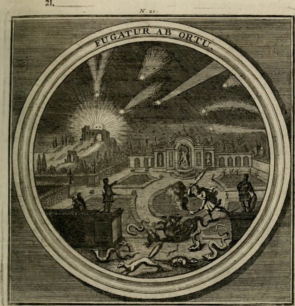 An illustration from Meteorologia philosophico-politica : in duodecim dissertationes per quæstiones meteorologicas et conclusiones politicas divisa, appositisque symbolis illustrata ..., 1709, leaf 74