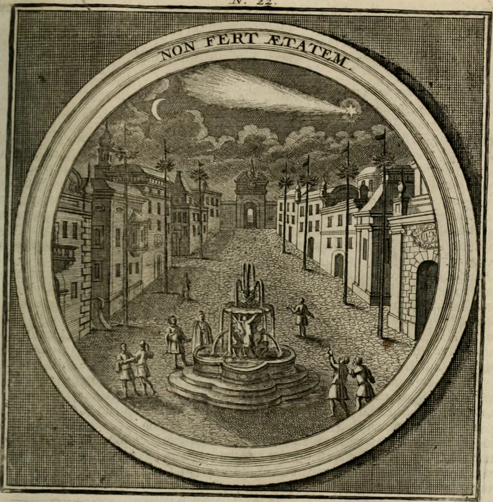 An illustration from Meteorologia philosophico-politica : in duodecim dissertationes per quæstiones meteorologicas et conclusiones politicas divisa, appositisque symbolis illustrata ..., 1709, leaf 78