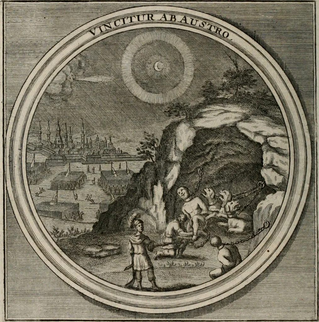 An illustration from Meteorologia philosophico-politica : in duodecim dissertationes per quæstiones meteorologicas et conclusiones politicas divisa, appositisque symbolis illustrata ..., 1709, leaf 93