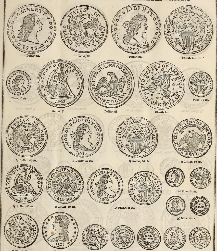 An illustration from Metropolitan coin book, containing accurate engravings of the various gold, silver and other coins now in circulation throughout the world;, 1865, leaf 10
