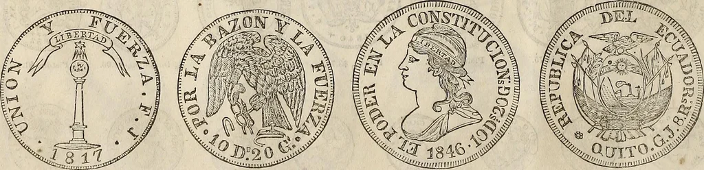 An illustration from Metropolitan coin book, containing accurate engravings of the various gold, silver and other coins now in circulation throughout the world;, 1865, leaf 13