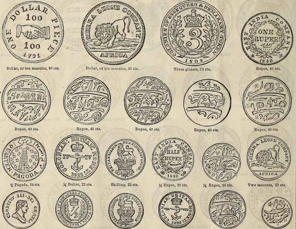 An illustration from Metropolitan coin book, containing accurate engravings of the various gold, silver and other coins now in circulation throughout the world;, 1865, leaf 19