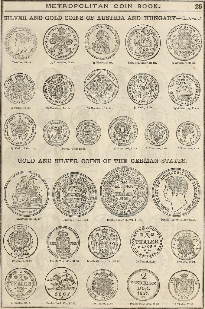 An illustration from Metropolitan coin book, containing accurate engravings of the various gold, silver and other coins now in circulation throughout the world;, 1865, leaf 28