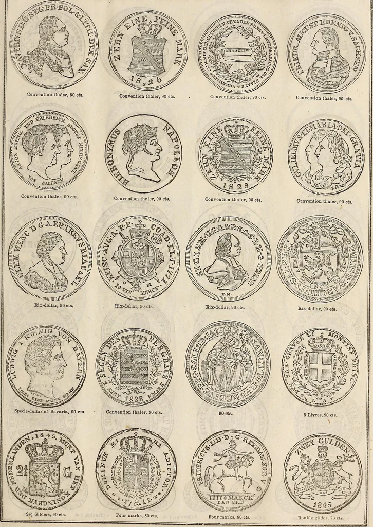 An illustration from Metropolitan coin book, containing accurate engravings of the various gold, silver and other coins now in circulation throughout the world;, 1865, leaf 32