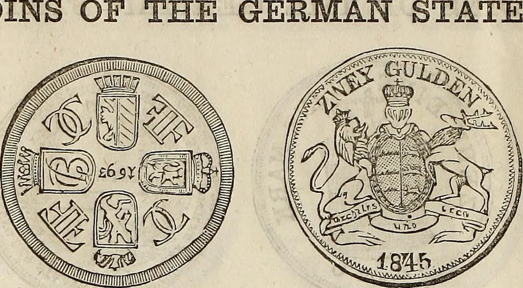 An illustration from Metropolitan coin book, containing accurate engravings of the various gold, silver and other coins now in circulation throughout the world;, 1865, leaf 33