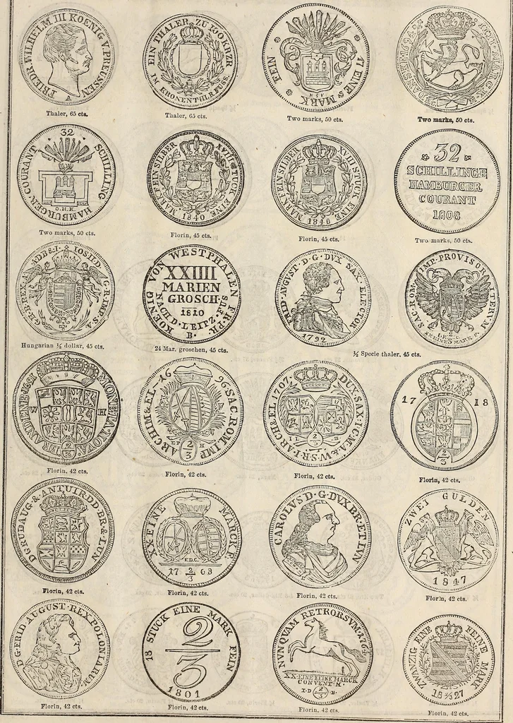 An illustration from Metropolitan coin book, containing accurate engravings of the various gold, silver and other coins now in circulation throughout the world;, 1865, leaf 34