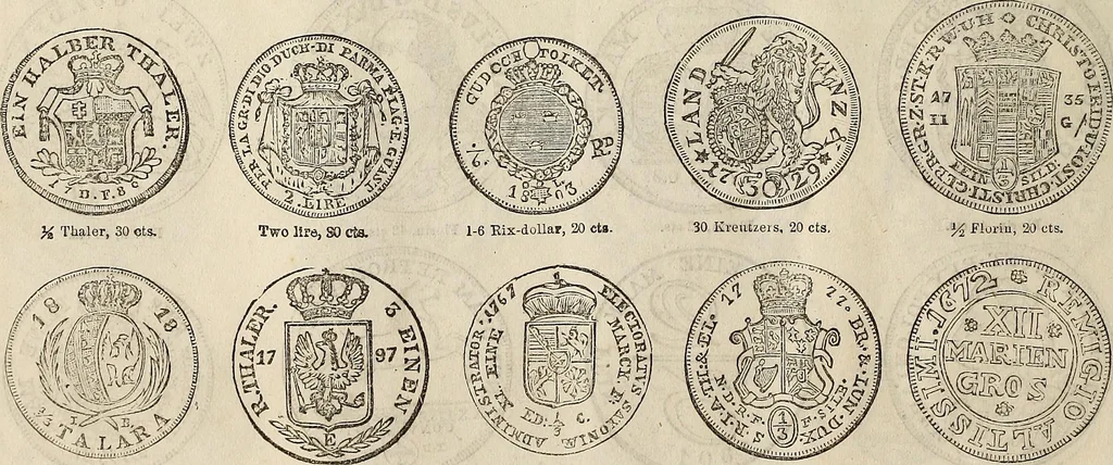 An illustration from Metropolitan coin book, containing accurate engravings of the various gold, silver and other coins now in circulation throughout the world;, 1865, leaf 35