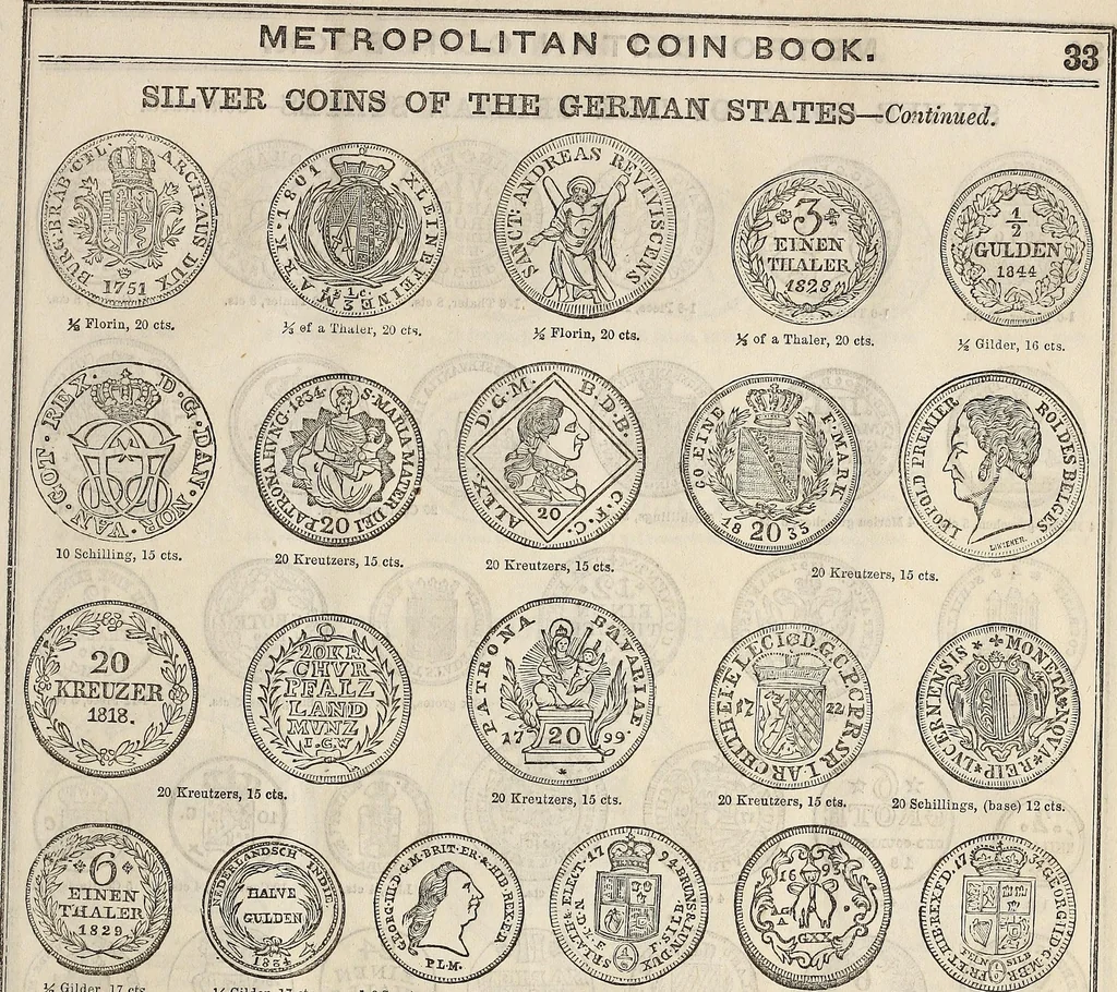 An illustration from Metropolitan coin book, containing accurate engravings of the various gold, silver and other coins now in circulation throughout the world;, 1865, leaf 36