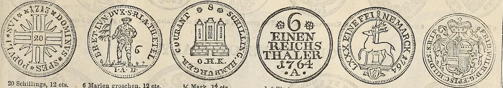 An illustration from Metropolitan coin book, containing accurate engravings of the various gold, silver and other coins now in circulation throughout the world;, 1865, leaf 36