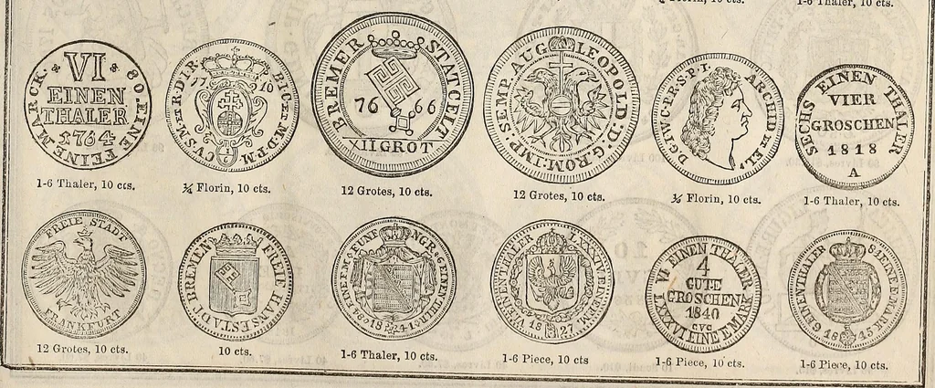 An illustration from Metropolitan coin book, containing accurate engravings of the various gold, silver and other coins now in circulation throughout the world;, 1865, leaf 36
