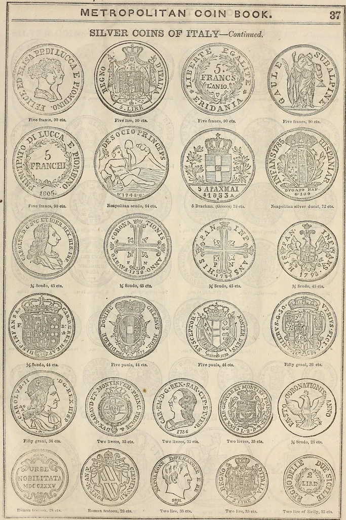 An illustration from Metropolitan coin book, containing accurate engravings of the various gold, silver and other coins now in circulation throughout the world;, 1865, leaf 40