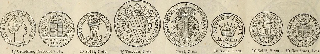 An illustration from Metropolitan coin book, containing accurate engravings of the various gold, silver and other coins now in circulation throughout the world;, 1865, leaf 41