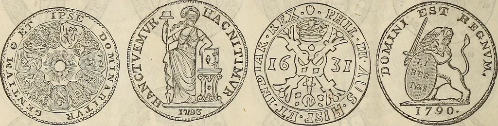 An illustration from Metropolitan coin book, containing accurate engravings of the various gold, silver and other coins now in circulation throughout the world;, 1865, leaf 43