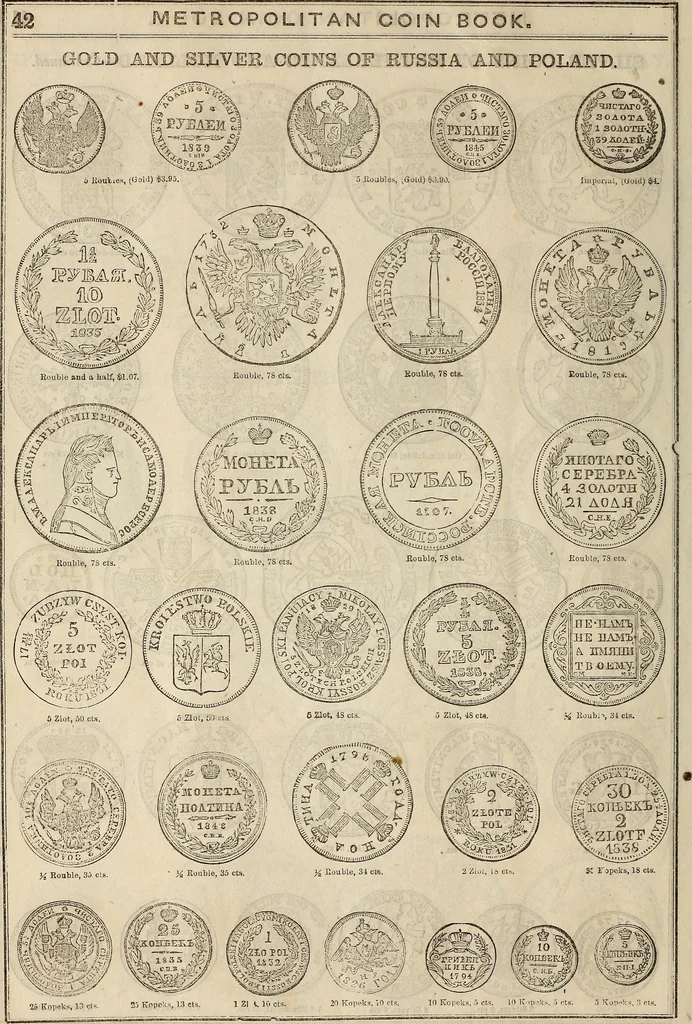 An illustration from Metropolitan coin book, containing accurate engravings of the various gold, silver and other coins now in circulation throughout the world;, 1865, leaf 45