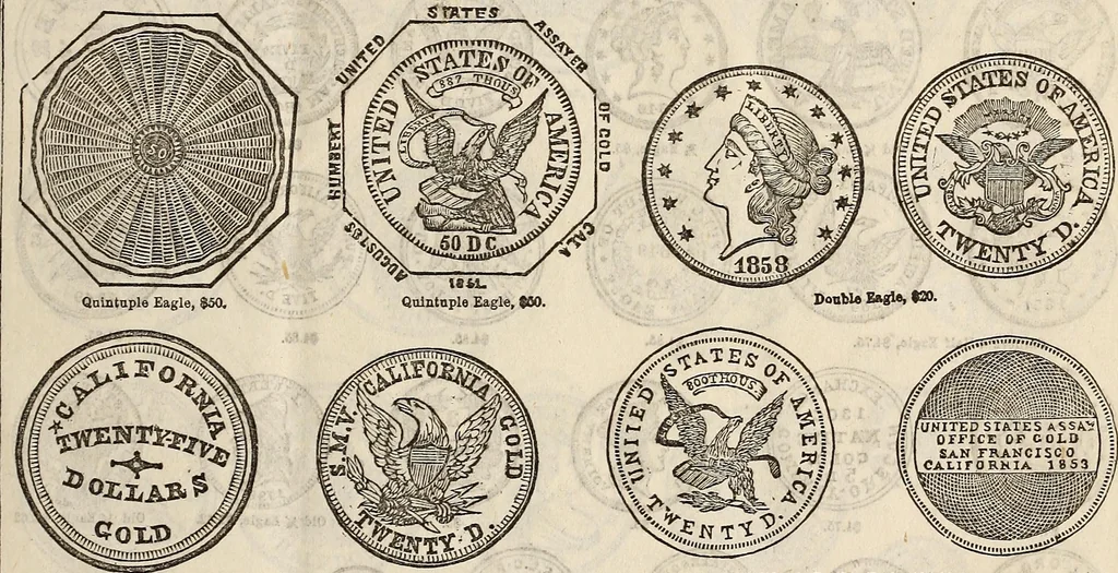An illustration from Metropolitan coin book, containing accurate engravings of the various gold, silver and other coins now in circulation throughout the world;, 1865, leaf 8