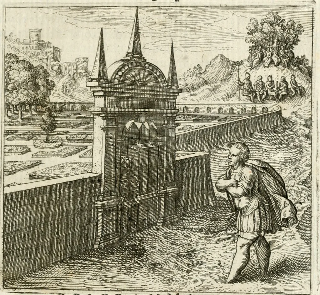 An illustration from Michaelis Majeri ... Secretioris naturae secretorum scrutinium chymicum : per oculis et intellectui accuratè accommodata, figuris cupro appositissimè incisa, ingeniosissima emblemata, hisque confines, & ad rem egregiè facientes sententias, doctissimaque item epigrammata, illustratum .., 1687, leaf 104