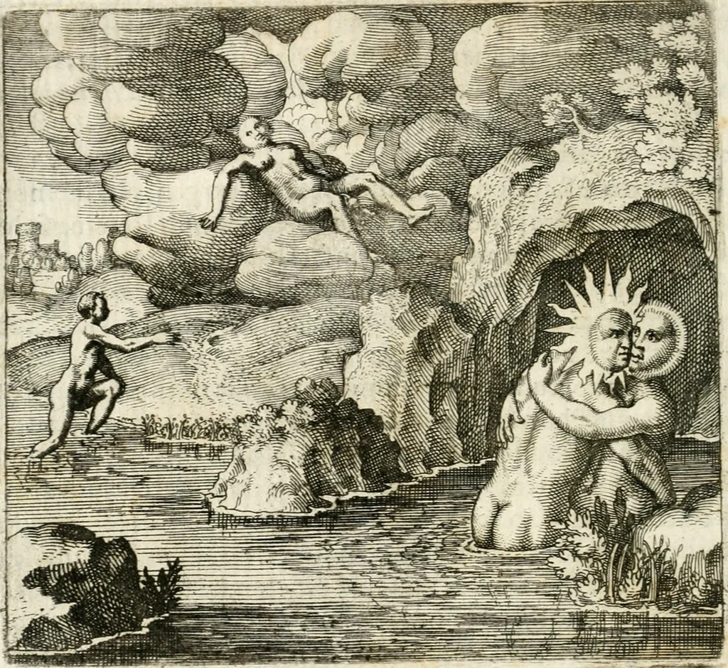 An illustration from Michaelis Majeri ... Secretioris naturae secretorum scrutinium chymicum : per oculis et intellectui accuratè accommodata, figuris cupro appositissimè incisa, ingeniosissima emblemata, hisque confines, & ad rem egregiè facientes sententias, doctissimaque item epigrammata, illustratum .., 1687, leaf 125