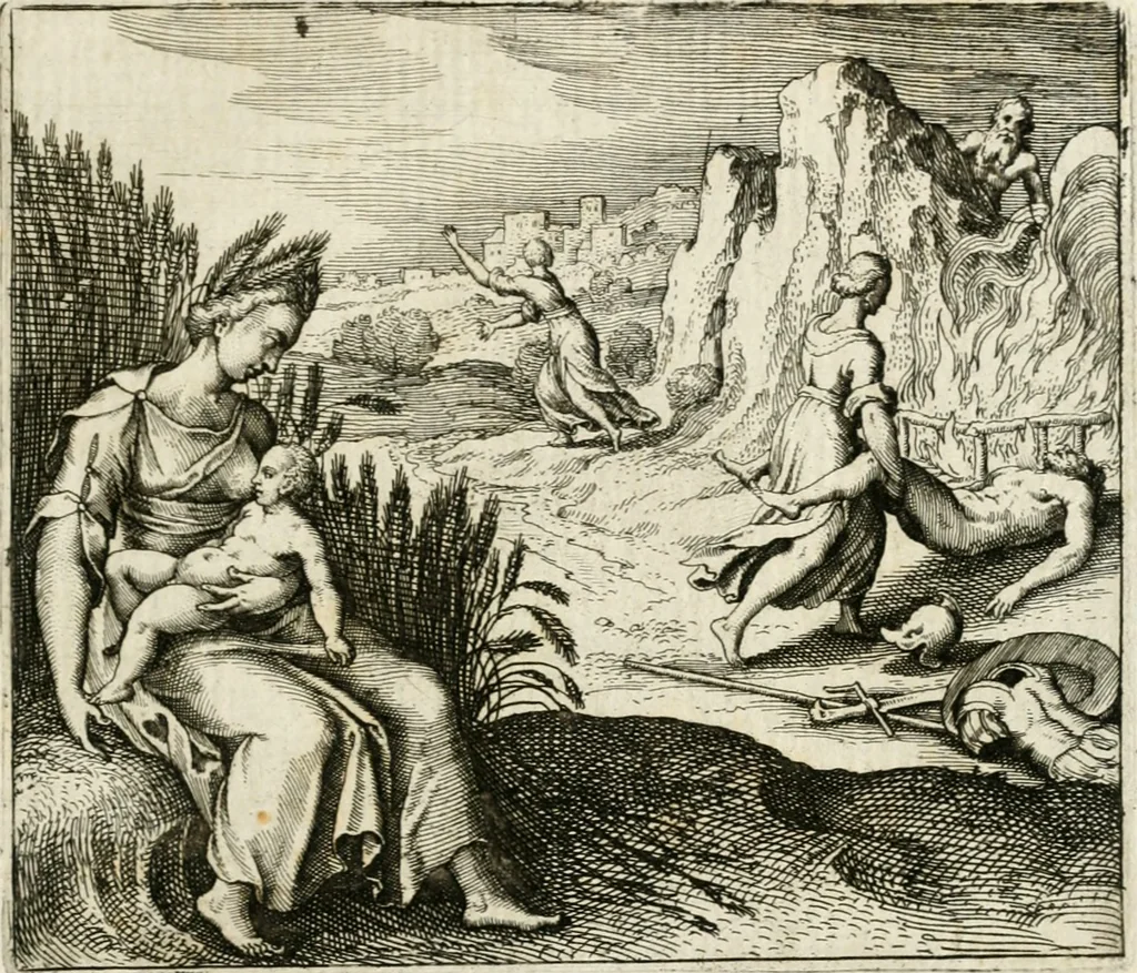 An illustration from Michaelis Majeri ... Secretioris naturae secretorum scrutinium chymicum : per oculis et intellectui accuratè accommodata, figuris cupro appositissimè incisa, ingeniosissima emblemata, hisque confines, & ad rem egregiè facientes sententias, doctissimaque item epigrammata, illustratum .., 1687, leaf 128