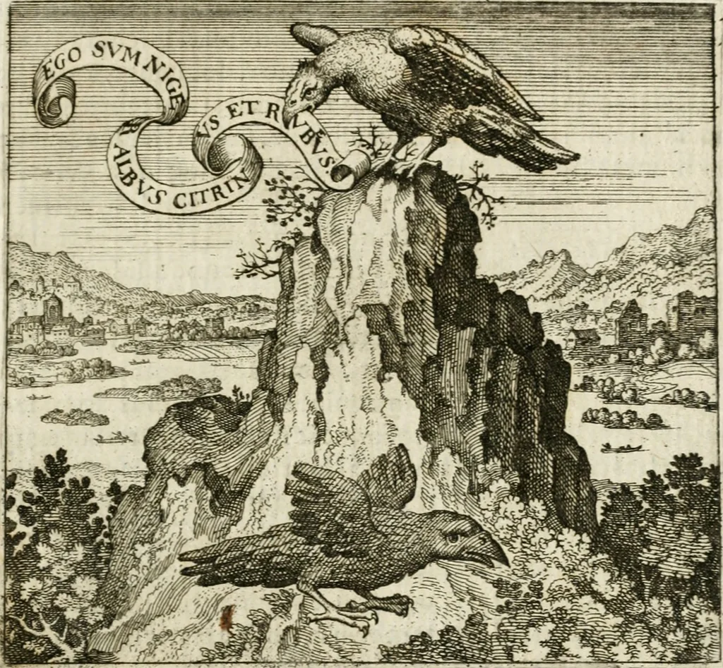 An illustration from Michaelis Majeri ... Secretioris naturae secretorum scrutinium chymicum : per oculis et intellectui accuratè accommodata, figuris cupro appositissimè incisa, ingeniosissima emblemata, hisque confines, & ad rem egregiè facientes sententias, doctissimaque item epigrammata, illustratum .., 1687, leaf 152