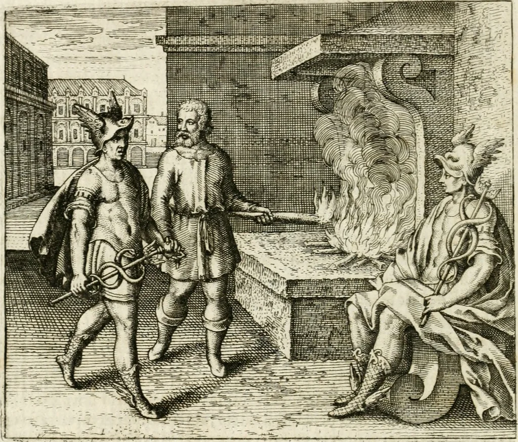 An illustration from Michaelis Majeri ... Secretioris naturae secretorum scrutinium chymicum : per oculis et intellectui accuratè accommodata, figuris cupro appositissimè incisa, ingeniosissima emblemata, hisque confines, & ad rem egregiè facientes sententias, doctissimaque item epigrammata, illustratum .., 1687, leaf 53