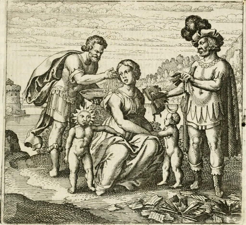 An illustration from Michaelis Majeri ... Secretioris naturae secretorum scrutinium chymicum : per oculis et intellectui accuratè accommodata, figuris cupro appositissimè incisa, ingeniosissima emblemata, hisque confines, & ad rem egregiè facientes sententias, doctissimaque item epigrammata, illustratum .., 1687, leaf 56