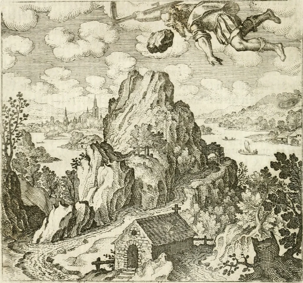 An illustration from Michaelis Majeri ... Secretioris naturae secretorum scrutinium chymicum : per oculis et intellectui accuratè accommodata, figuris cupro appositissimè incisa, ingeniosissima emblemata, hisque confines, & ad rem egregiè facientes sententias, doctissimaque item epigrammata, illustratum .., 1687, leaf 59