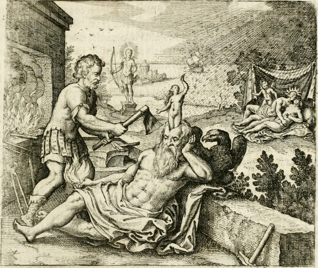 An illustration from Michaelis Majeri ... Secretioris naturae secretorum scrutinium chymicum : per oculis et intellectui accuratè accommodata, figuris cupro appositissimè incisa, ingeniosissima emblemata, hisque confines, & ad rem egregiè facientes sententias, doctissimaque item epigrammata, illustratum .., 1687, leaf 92