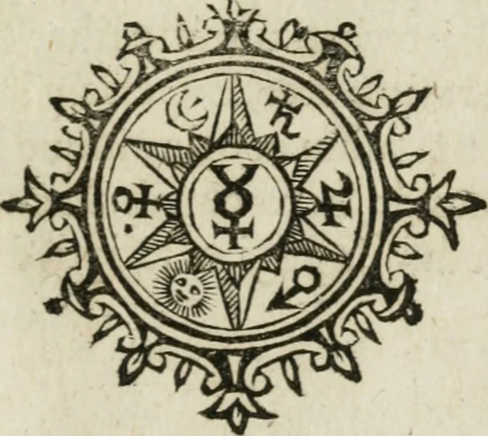 An illustration from Michaelis Majeri Viatorivm, hoc est, De montibvs planetarvm septem seu metallorum : tractatvs tam utilis, quàm perspicuus, quo, ut indice mercuriali in trivijs, vel Ariadnêo filo in labyrintho, seu cynosurâ in oceano chymicorum errorum immenso, quilibet rationalis, veritatis amans, ad illum, qui in montibus sese abdidit De Rubea-petra Alexicacum, omnibus medicis desideratum, investigandum, uti poterit, 1651, leaf 10