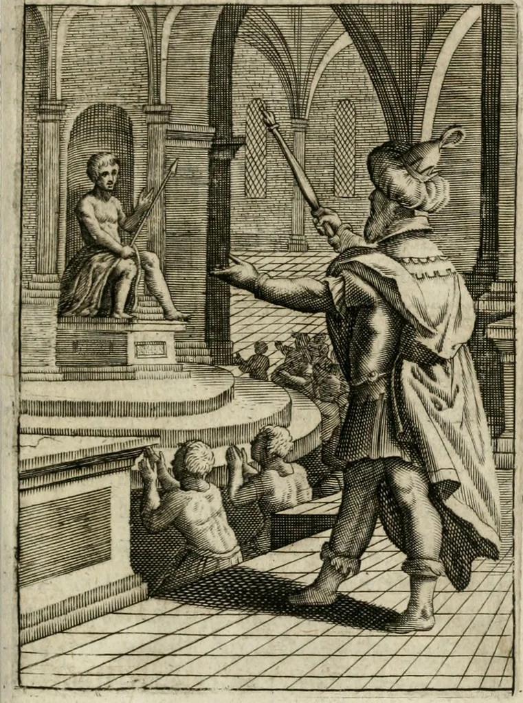 An illustration from Michaelis Majeri Viatorivm, hoc est, De montibvs planetarvm septem seu metallorum : tractatvs tam utilis, quàm perspicuus, quo, ut indice mercuriali in trivijs, vel Ariadnêo filo in labyrintho, seu cynosurâ in oceano chymicorum errorum immenso, quilibet rationalis, veritatis amans, ad illum, qui in montibus sese abdidit De Rubea-petra Alexicacum, omnibus medicis desideratum, investigandum, uti poterit, 1651, leaf 114