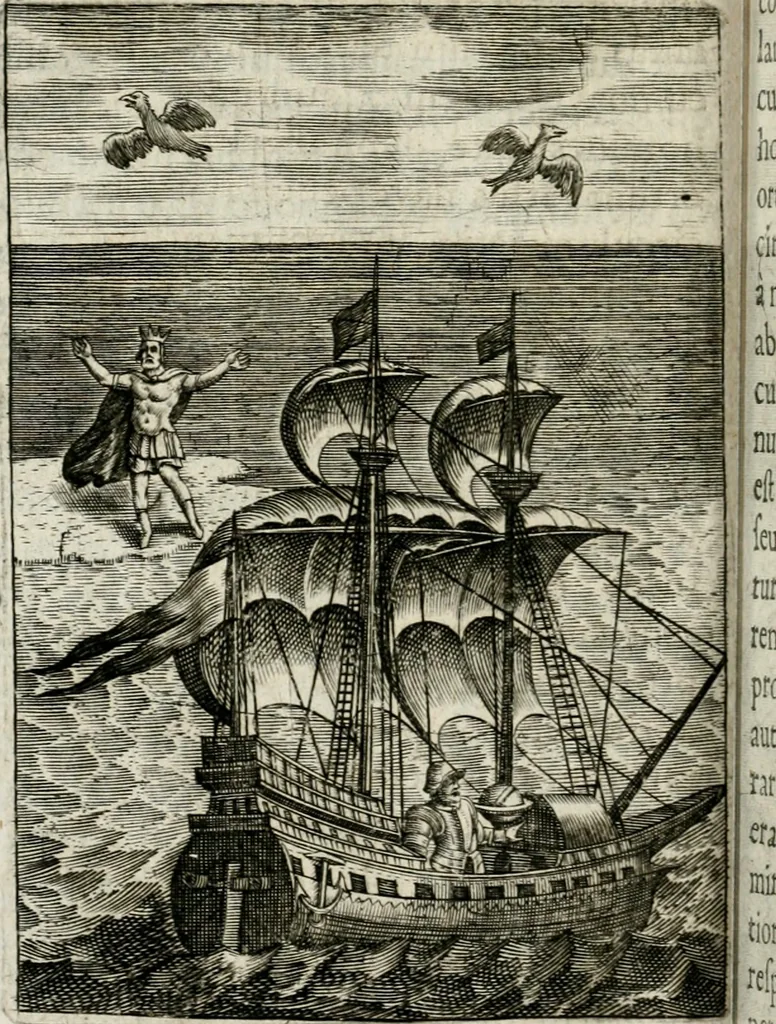 An illustration from Michaelis Majeri Viatorivm, hoc est, De montibvs planetarvm septem seu metallorum : tractatvs tam utilis, quàm perspicuus, quo, ut indice mercuriali in trivijs, vel Ariadnêo filo in labyrintho, seu cynosurâ in oceano chymicorum errorum immenso, quilibet rationalis, veritatis amans, ad illum, qui in montibus sese abdidit De Rubea-petra Alexicacum, omnibus medicis desideratum, investigandum, uti poterit, 1651, leaf 189