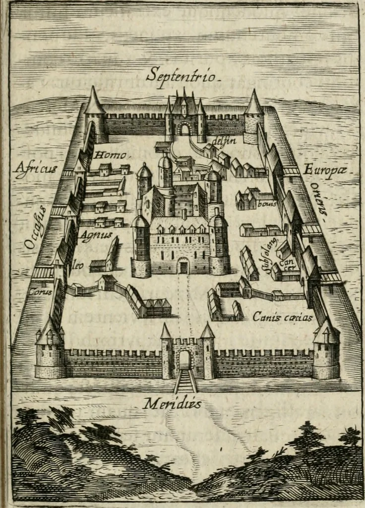 An illustration from Michaelis Majeri Viatorivm, hoc est, De montibvs planetarvm septem seu metallorum : tractatvs tam utilis, quàm perspicuus, quo, ut indice mercuriali in trivijs, vel Ariadnêo filo in labyrintho, seu cynosurâ in oceano chymicorum errorum immenso, quilibet rationalis, veritatis amans, ad illum, qui in montibus sese abdidit De Rubea-petra Alexicacum, omnibus medicis desideratum, investigandum, uti poterit, 1651, leaf 64