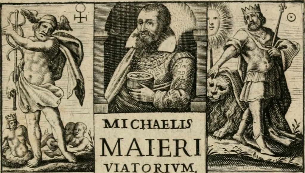An illustration from Michaelis Majeri Viatorivm, hoc est, De montibvs planetarvm septem seu metallorum : tractatvs tam utilis, quàm perspicuus, quo, ut indice mercuriali in trivijs, vel Ariadnêo filo in labyrintho, seu cynosurâ in oceano chymicorum errorum immenso, quilibet rationalis, veritatis amans, ad illum, qui in montibus sese abdidit De Rubea-petra Alexicacum, omnibus medicis desideratum, investigandum, uti poterit, 1651, leaf 8
