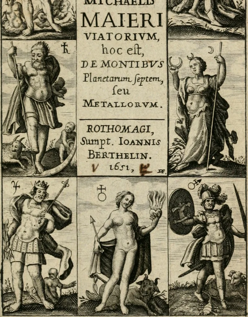 An illustration from Michaelis Majeri Viatorivm, hoc est, De montibvs planetarvm septem seu metallorum : tractatvs tam utilis, quàm perspicuus, quo, ut indice mercuriali in trivijs, vel Ariadnêo filo in labyrintho, seu cynosurâ in oceano chymicorum errorum immenso, quilibet rationalis, veritatis amans, ad illum, qui in montibus sese abdidit De Rubea-petra Alexicacum, omnibus medicis desideratum, investigandum, uti poterit, 1651, leaf 8