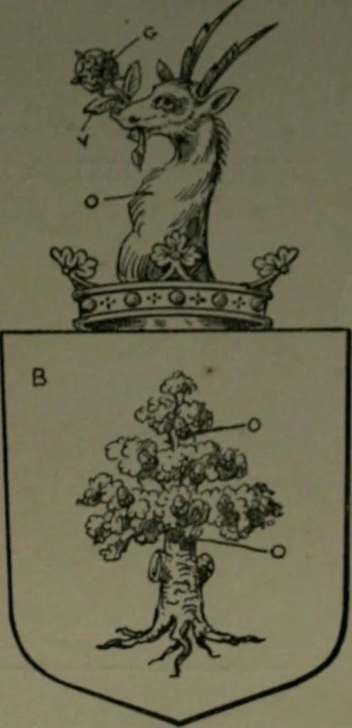 An illustration from Middlesex pedigrees, as collected by Richard Mundy in Harleian ms. no. 1551, 1914, leaf 154